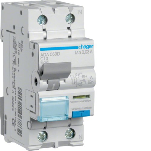 Дифавтомат 1P+N, 10A, B, 30mA, 10kA, A, Hager ADA560D