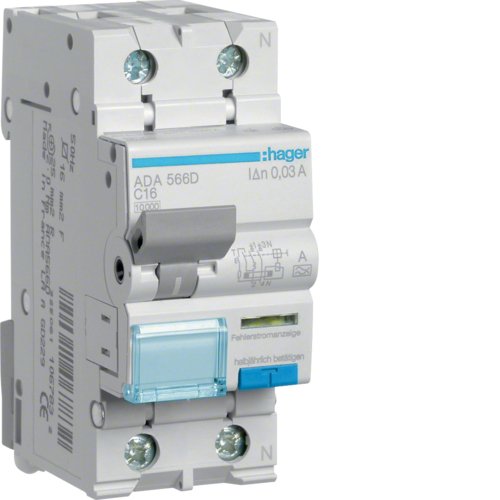Дифавтомат 1P+N, 16A, B, 30mA, 10kA, A, Hager ADA566D