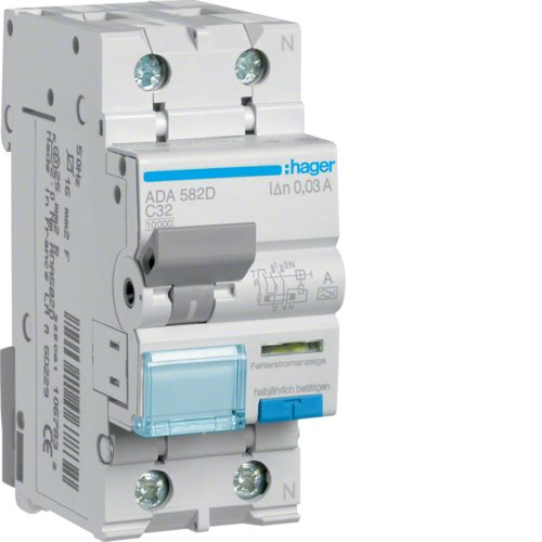 Дифавтомат 1P+N, 32A, B, 30mA, 10kA, A, Hager ADA582D