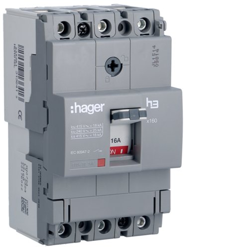 Автоматичний вимикач x160, In=16А, 3п, 18kA, Тфікс./Мфікс.  Hager HDA016L