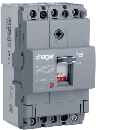Автоматичний вимикач x160, In=20А, 3п, 18kA, Тфікс./Мфікс.  Hager HDA020L