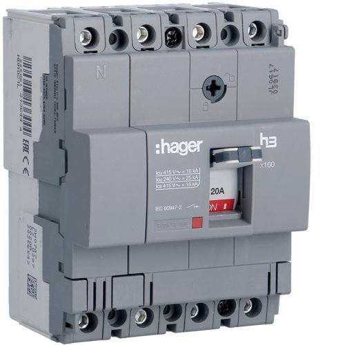 Автоматичний вимикач x160, In=20А, 4п, 18kA, Тфікс./Мфікс.  Hager HDA021L