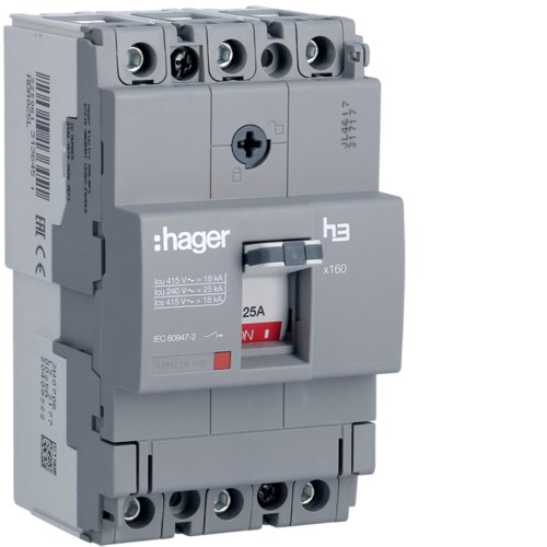 Автоматичний вимикач x160, In=25А, 3п, 18kA, Тфікс./Мфікс.  Hager HDA025L