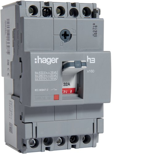 Автоматичний вимикач x160, In=32А, 3п, 18kA, Тфікс./Мфікс.  Hager HDA032L