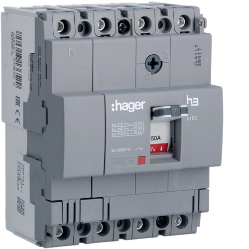 Автоматичний вимикач x160, In=50А, 4п, 18kA, Тфікс./Мфікс.  Hager HDA051L