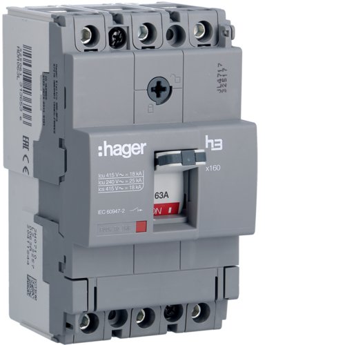 Автоматичний вимикач x160, In=63А, 3п, 18kA, Тфікс./Мфікс.  Hager HDA063L