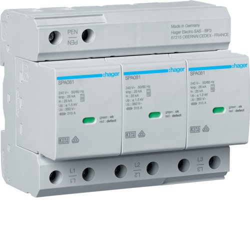 Розрядник (ПЗІП) T1+T2 3P Uc 350V 25kA 1,5kV TCN +дод.контакт