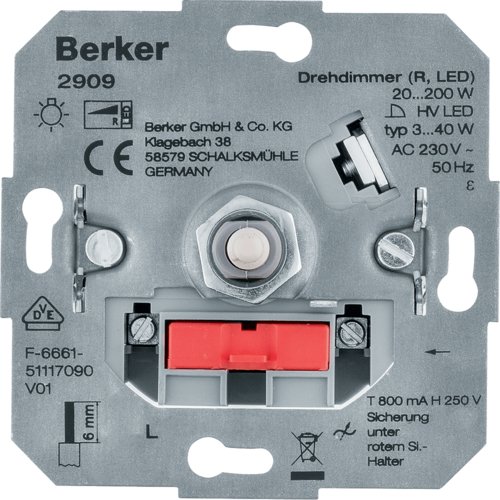 Диммер поворотний, ЛН/ВВГЛ 20-200Вт, LED 3-40Вт, 230В Berker 2909